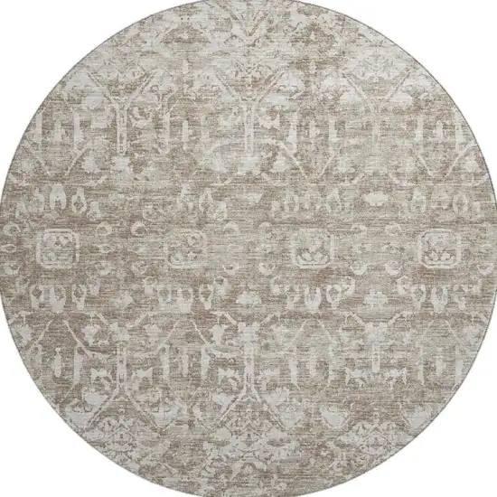8' Taupe And Beige Round Damask Washable Indoor Outdoor Area Rug Photo 4