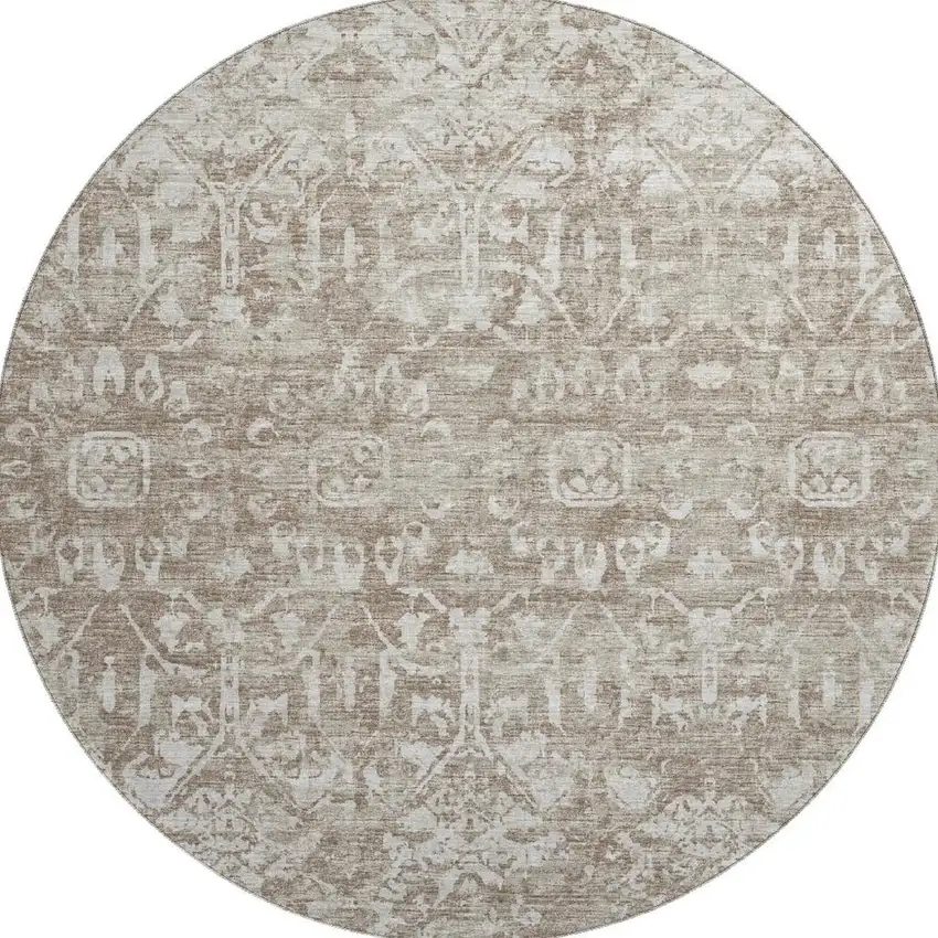 8' Taupe And Beige Round Damask Washable Indoor Outdoor Area Rug Photo 4