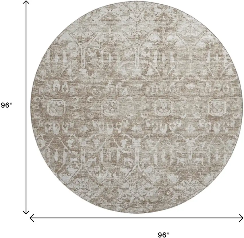8' Taupe And Beige Round Damask Washable Indoor Outdoor Area Rug Photo 3