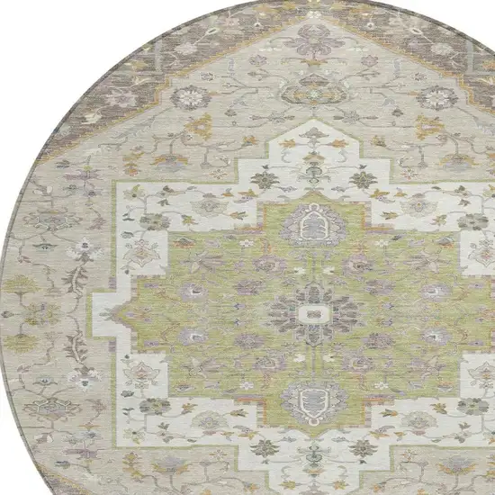 8' Taupe And Beige Round Floral Medallion Washable Indoor Outdoor Area Rug Photo 3