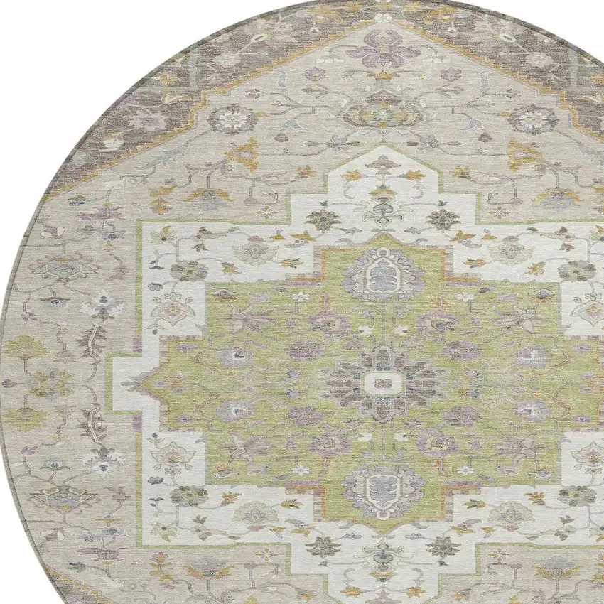 8' Taupe And Beige Round Floral Medallion Washable Indoor Outdoor Area Rug Photo 3