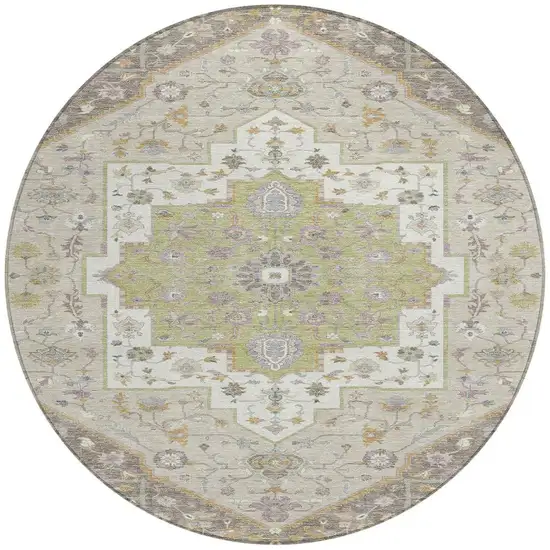 8' Taupe And Beige Round Floral Medallion Washable Indoor Outdoor Area Rug Photo 4