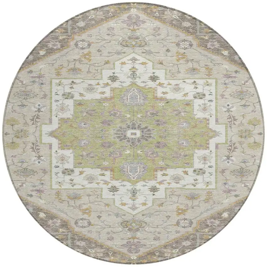 8' Taupe And Beige Round Floral Medallion Washable Indoor Outdoor Area Rug Photo 4