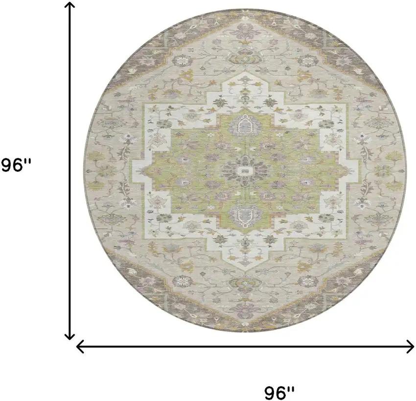 8' Taupe And Beige Round Floral Medallion Washable Indoor Outdoor Area Rug Photo 7
