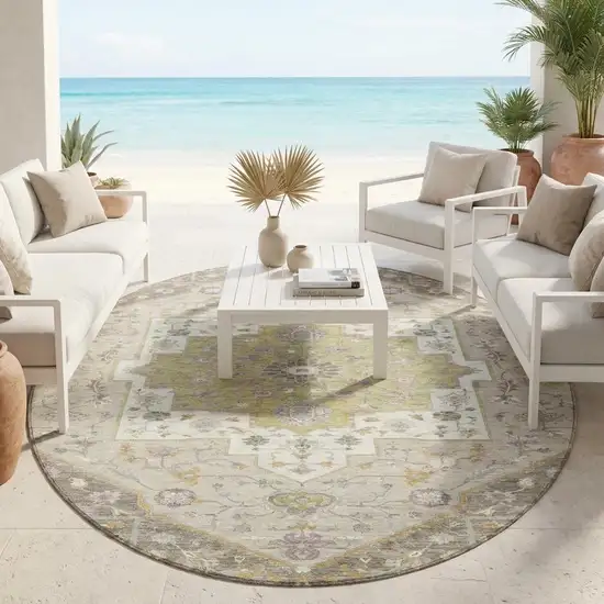 8' Taupe And Beige Round Floral Medallion Washable Indoor Outdoor Area Rug Photo 1