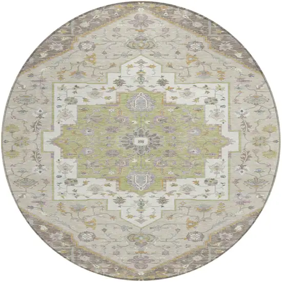 8' Taupe And Beige Round Floral Medallion Washable Indoor Outdoor Area Rug Photo 2