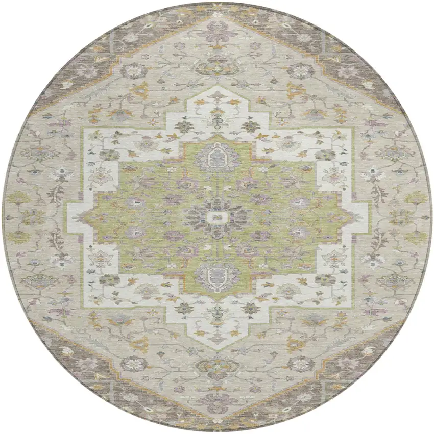 8' Taupe And Beige Round Floral Medallion Washable Indoor Outdoor Area Rug Photo 2