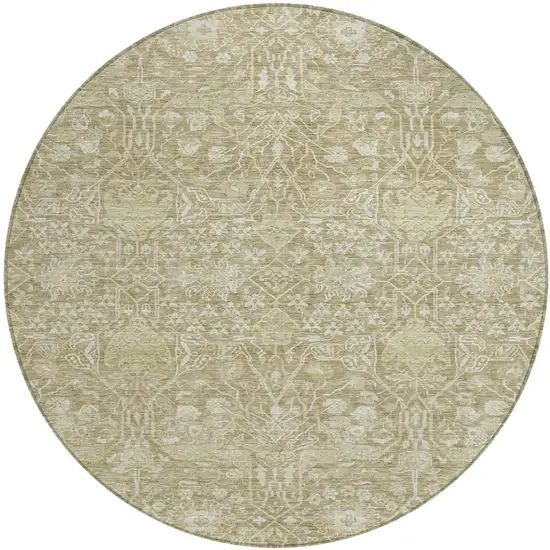 8' Taupe And Beige Round Floral Washable Indoor Outdoor Area Rug Photo 2