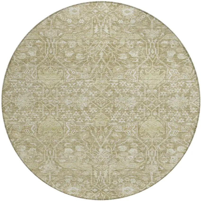 8' Taupe And Beige Round Floral Washable Indoor Outdoor Area Rug Photo 2