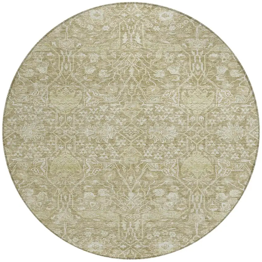8' Taupe And Beige Round Floral Washable Indoor Outdoor Area Rug Photo 5