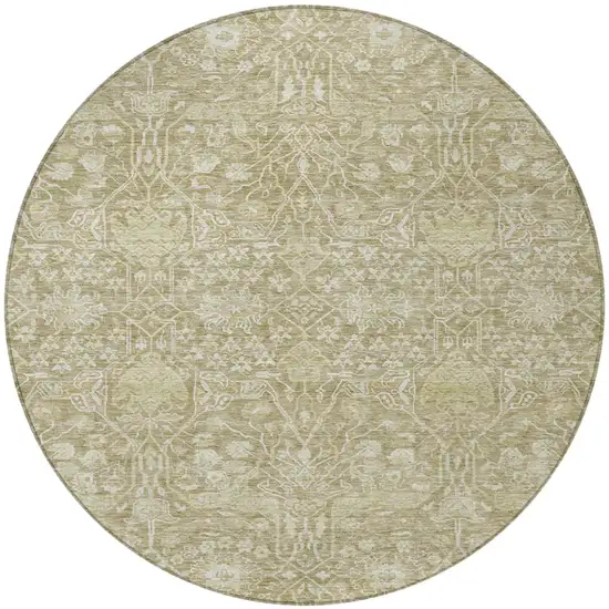 8' Taupe And Beige Round Floral Washable Indoor Outdoor Area Rug Photo 6