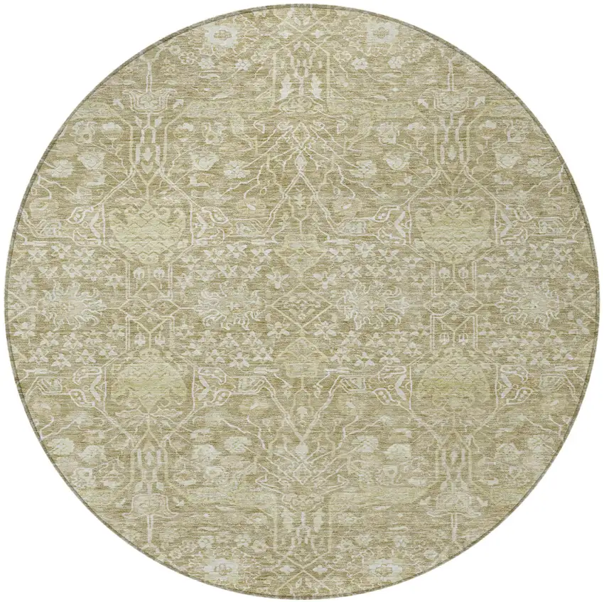 8' Taupe And Beige Round Floral Washable Indoor Outdoor Area Rug Photo 6