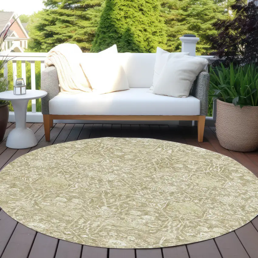 8' Taupe And Beige Round Floral Washable Indoor Outdoor Area Rug Photo 7