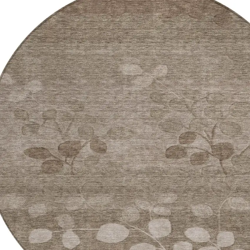 8' Taupe And Beige Round Floral Washable Indoor Outdoor Area Rug Photo 4