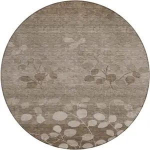 Photo of 8' Taupe And Beige Round Floral Washable Indoor Outdoor Area Rug