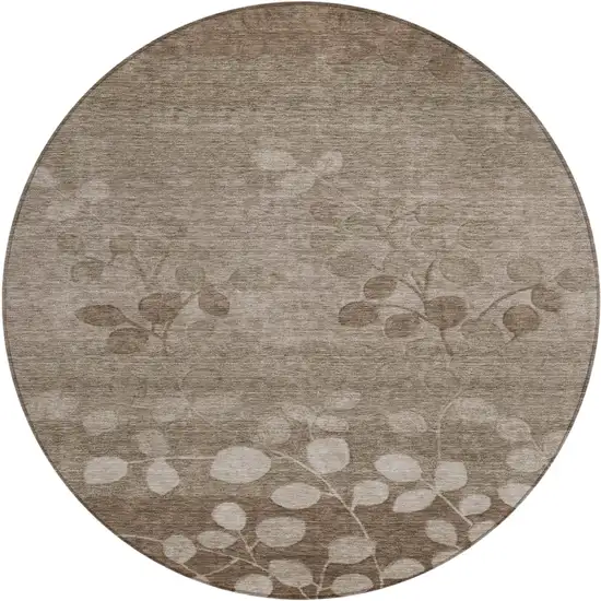 8' Taupe And Beige Round Floral Washable Indoor Outdoor Area Rug Photo 1