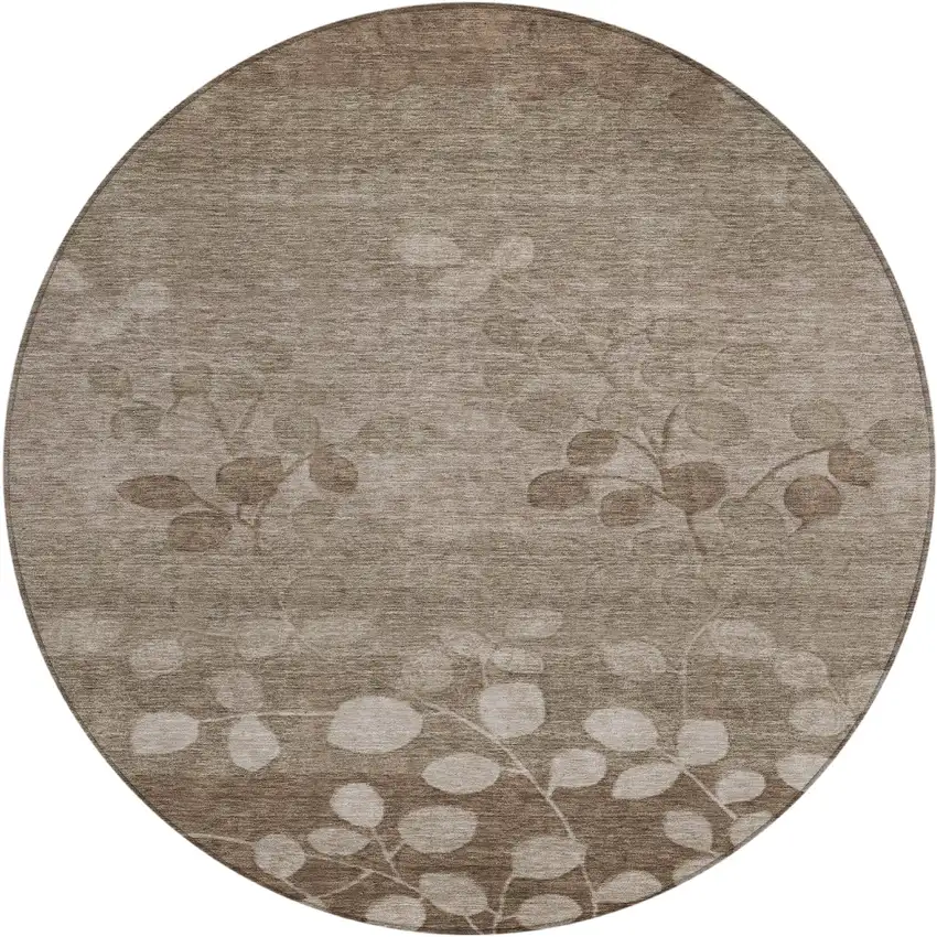 8' Taupe And Beige Round Floral Washable Indoor Outdoor Area Rug Photo 1
