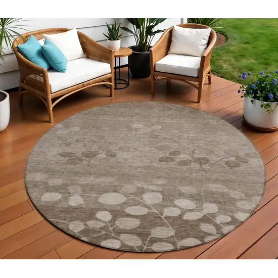 8' Taupe And Beige Round Floral Washable Indoor Outdoor Area Rug Photo 2