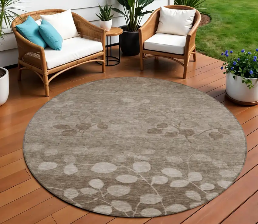 8' Taupe And Beige Round Floral Washable Indoor Outdoor Area Rug Photo 2