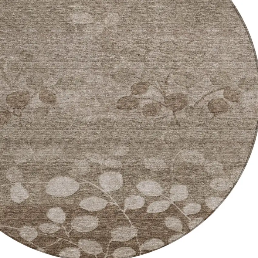 8' Taupe And Beige Round Floral Washable Indoor Outdoor Area Rug Photo 8