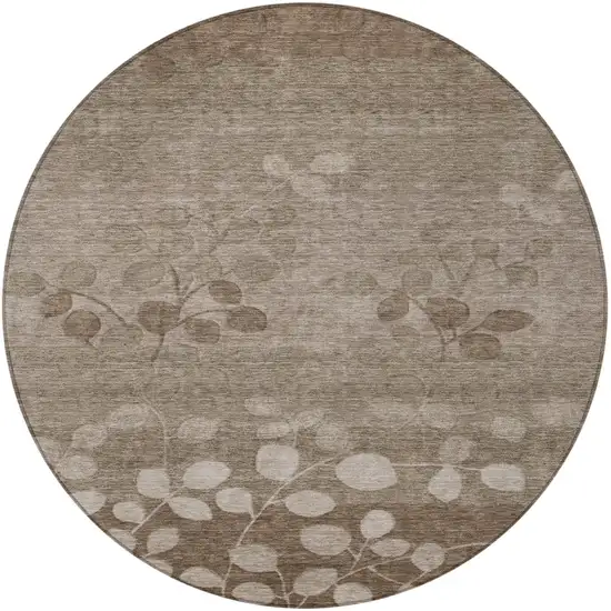 8' Taupe And Beige Round Floral Washable Indoor Outdoor Area Rug Photo 3