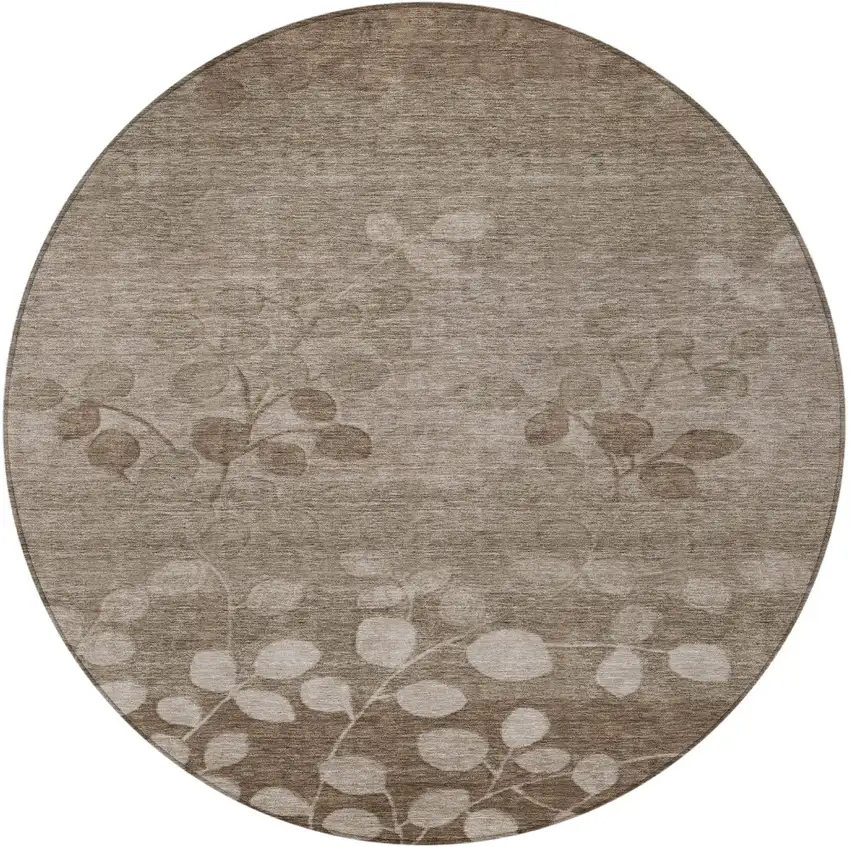 8' Taupe And Beige Round Floral Washable Indoor Outdoor Area Rug Photo 3