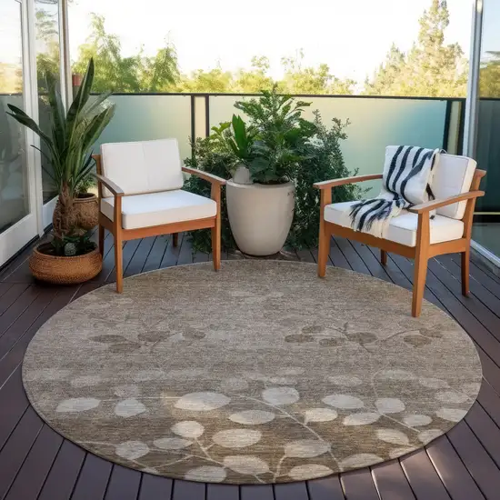 8' Taupe And Beige Round Floral Washable Indoor Outdoor Area Rug Photo 6