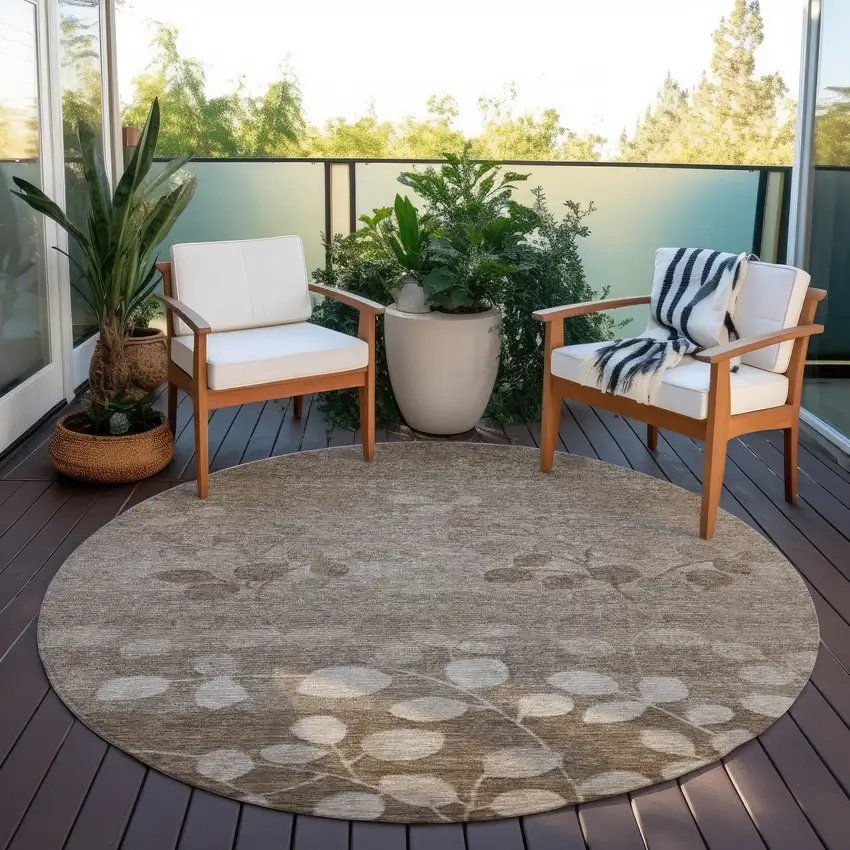 8' Taupe And Beige Round Floral Washable Indoor Outdoor Area Rug Photo 6