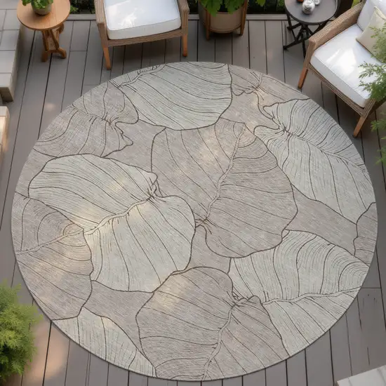 8' Taupe And Beige Round Floral Washable Indoor Outdoor Area Rug Photo 4