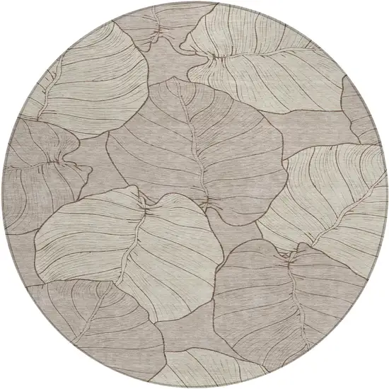 8' Taupe And Beige Round Floral Washable Indoor Outdoor Area Rug Photo 1