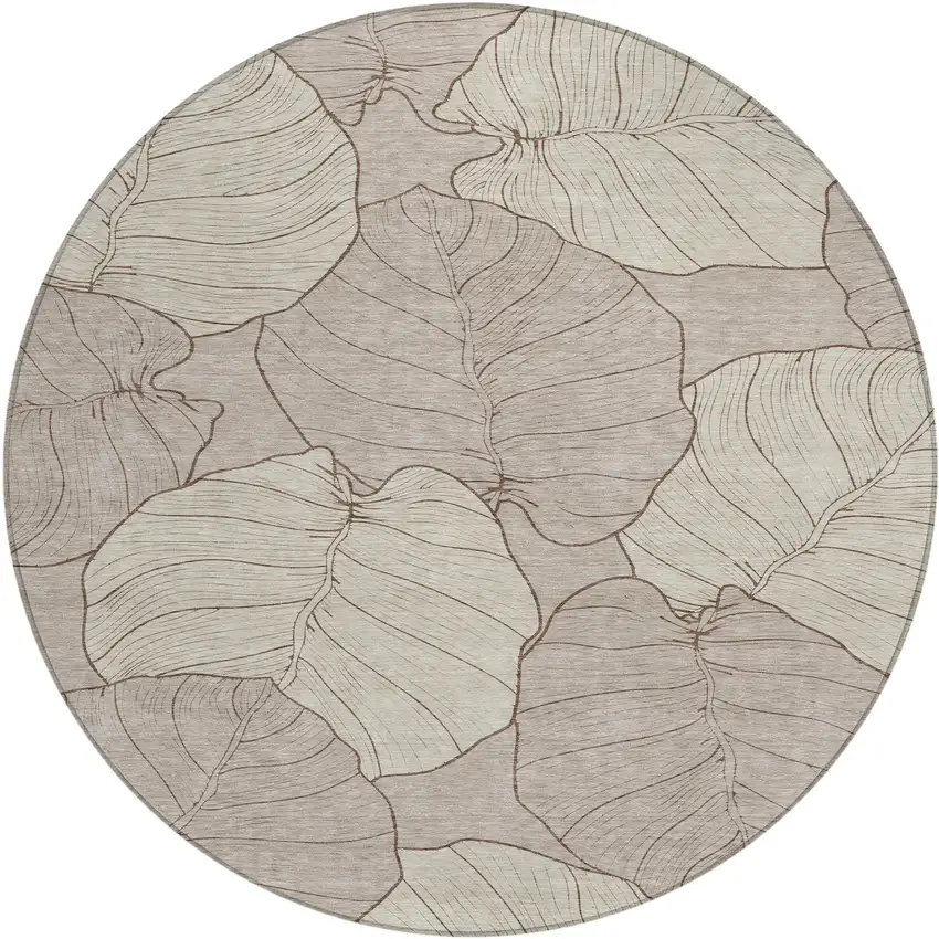 8' Taupe And Beige Round Floral Washable Indoor Outdoor Area Rug Photo 1