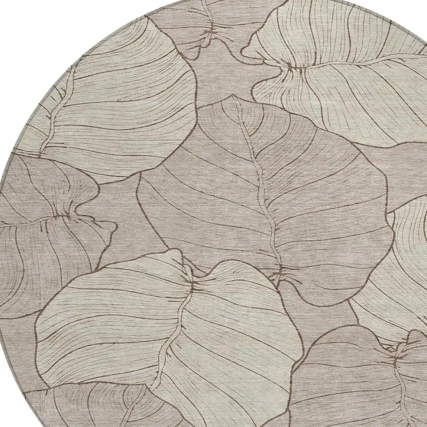 8' Taupe And Beige Round Floral Washable Indoor Outdoor Area Rug Photo 2