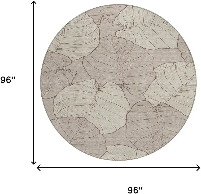 8' Taupe And Beige Round Floral Washable Indoor Outdoor Area Rug Photo 8
