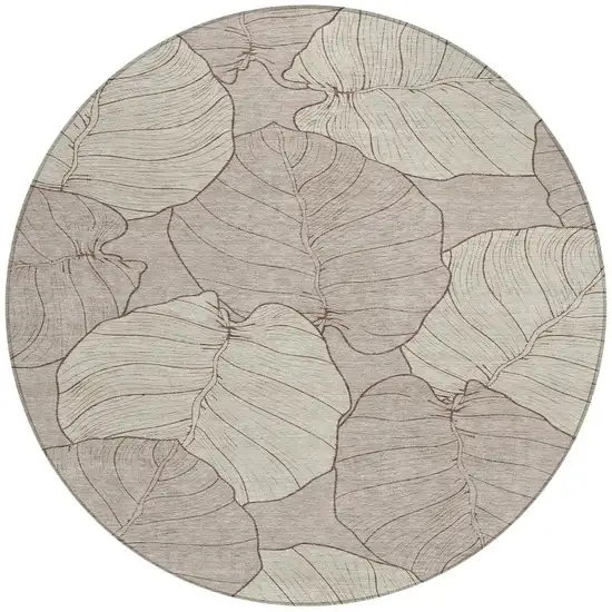 8' Taupe And Beige Round Floral Washable Indoor Outdoor Area Rug Photo 3