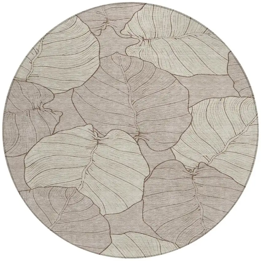 8' Taupe And Beige Round Floral Washable Indoor Outdoor Area Rug Photo 3