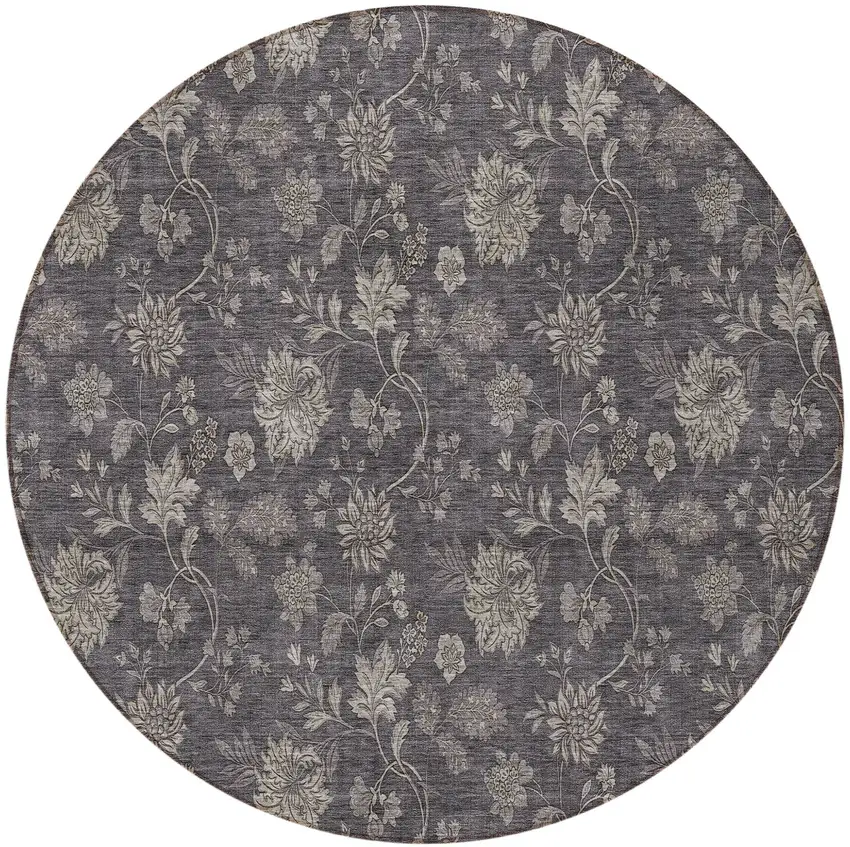 8' Taupe And Beige Round Floral Washable Indoor Outdoor Area Rug Photo 5