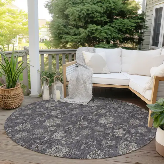 8' Taupe And Beige Round Floral Washable Indoor Outdoor Area Rug Photo 6
