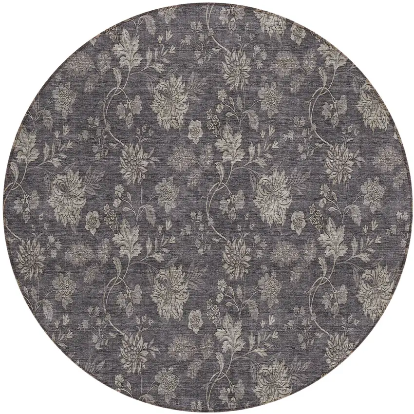 8' Taupe And Beige Round Floral Washable Indoor Outdoor Area Rug Photo 2