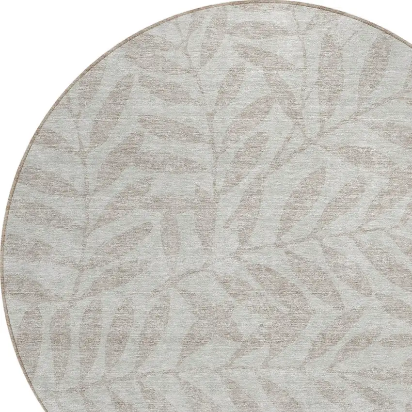 8' Taupe And Beige Round Floral Washable Indoor Outdoor Area Rug Photo 4