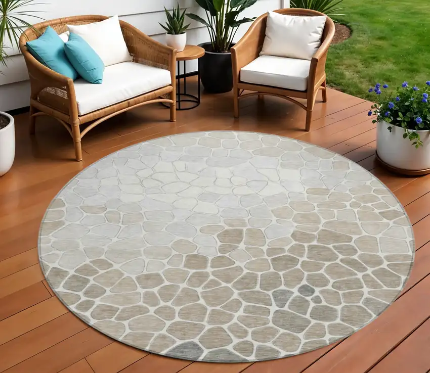 8' Taupe And Beige Round Geometric Washable Indoor Outdoor Area Rug Photo 2