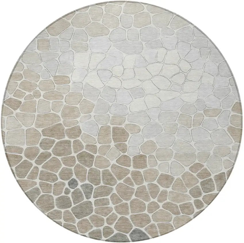 8' Taupe And Beige Round Geometric Washable Indoor Outdoor Area Rug Photo 4