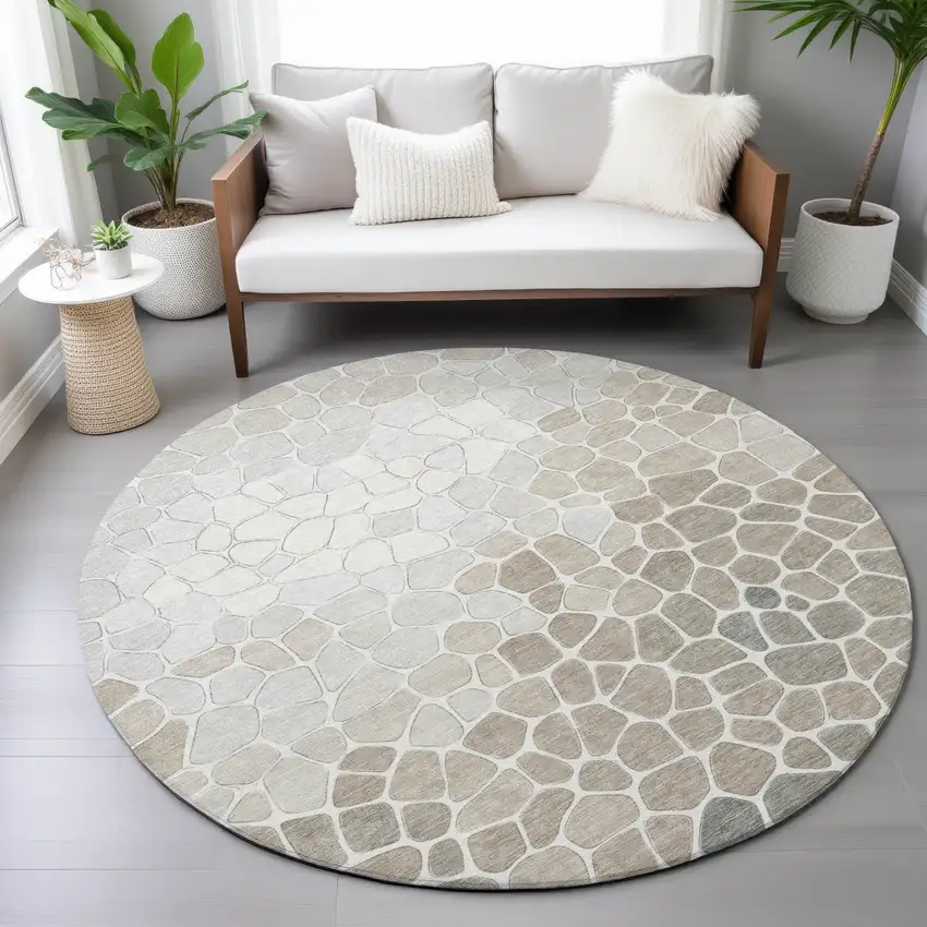 8' Taupe And Beige Round Geometric Washable Indoor Outdoor Area Rug Photo 7
