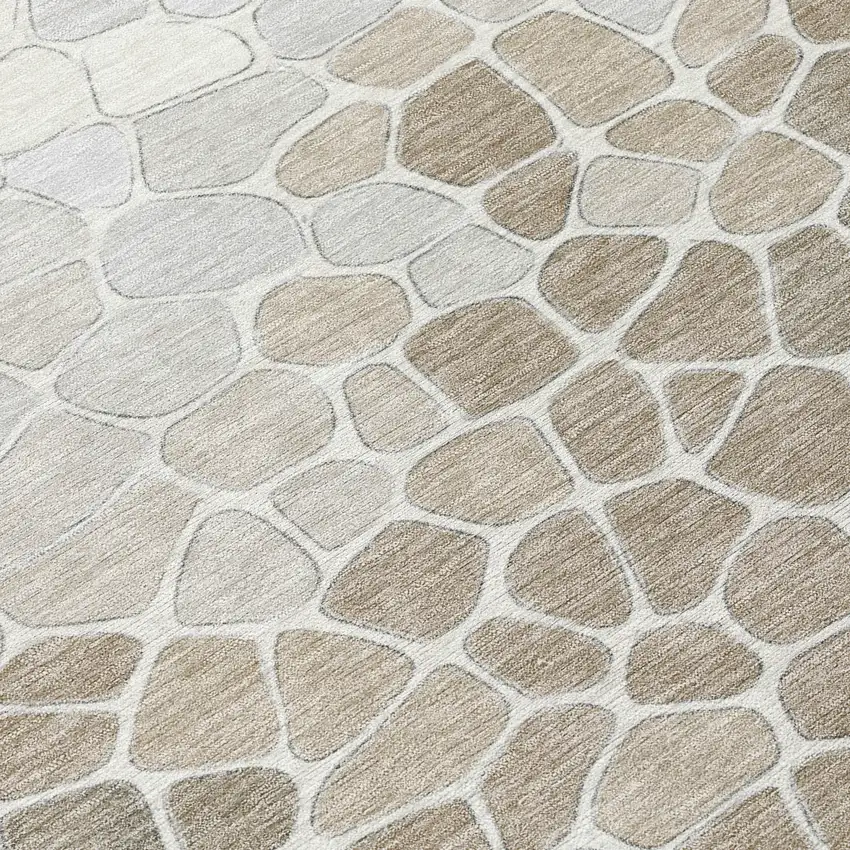 8' Taupe And Beige Round Geometric Washable Indoor Outdoor Area Rug Photo 9