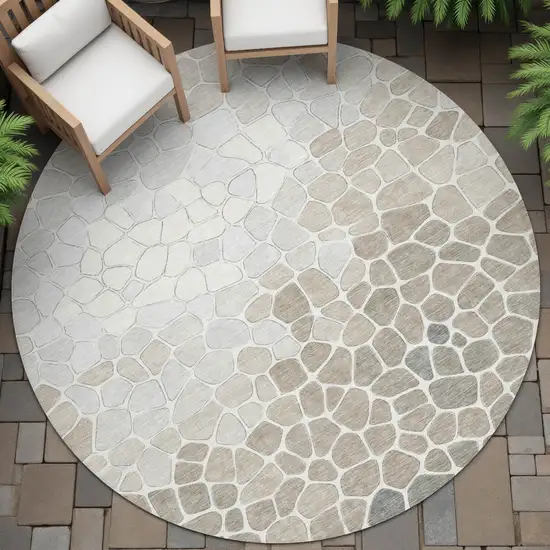 8' Taupe And Beige Round Geometric Washable Indoor Outdoor Area Rug Photo 6