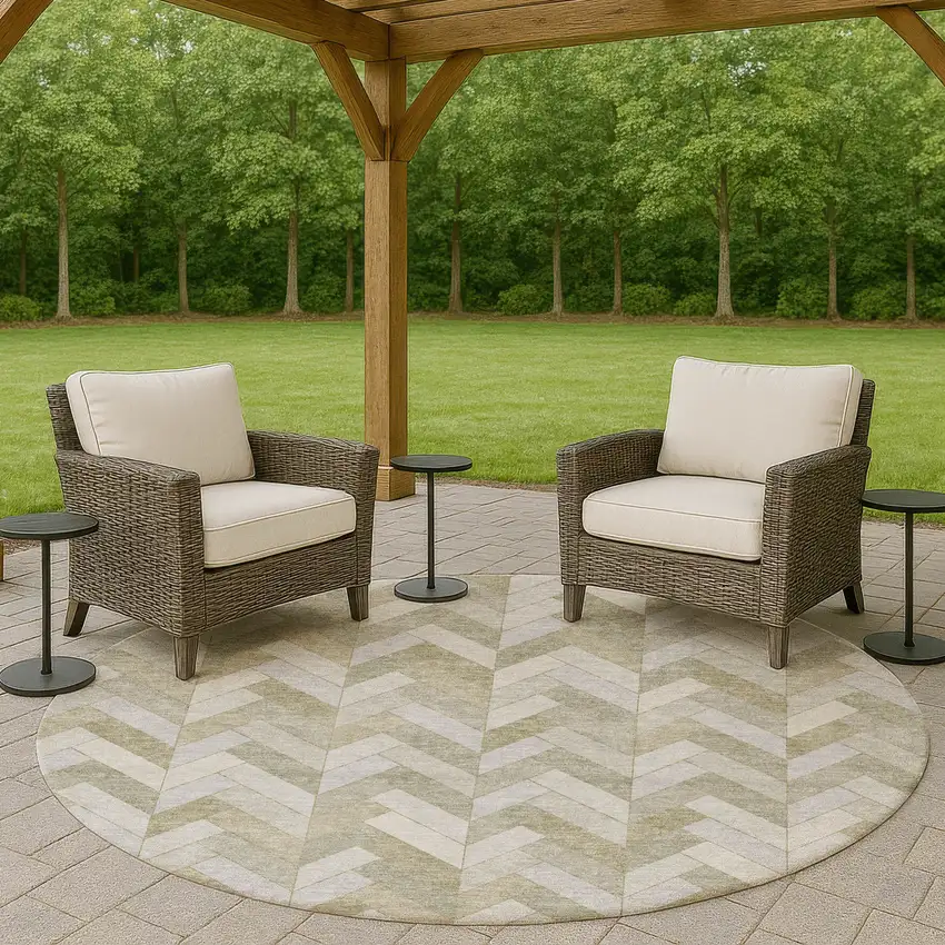 8' Taupe And Beige Round Geometric Washable Indoor Outdoor Area Rug Photo 8