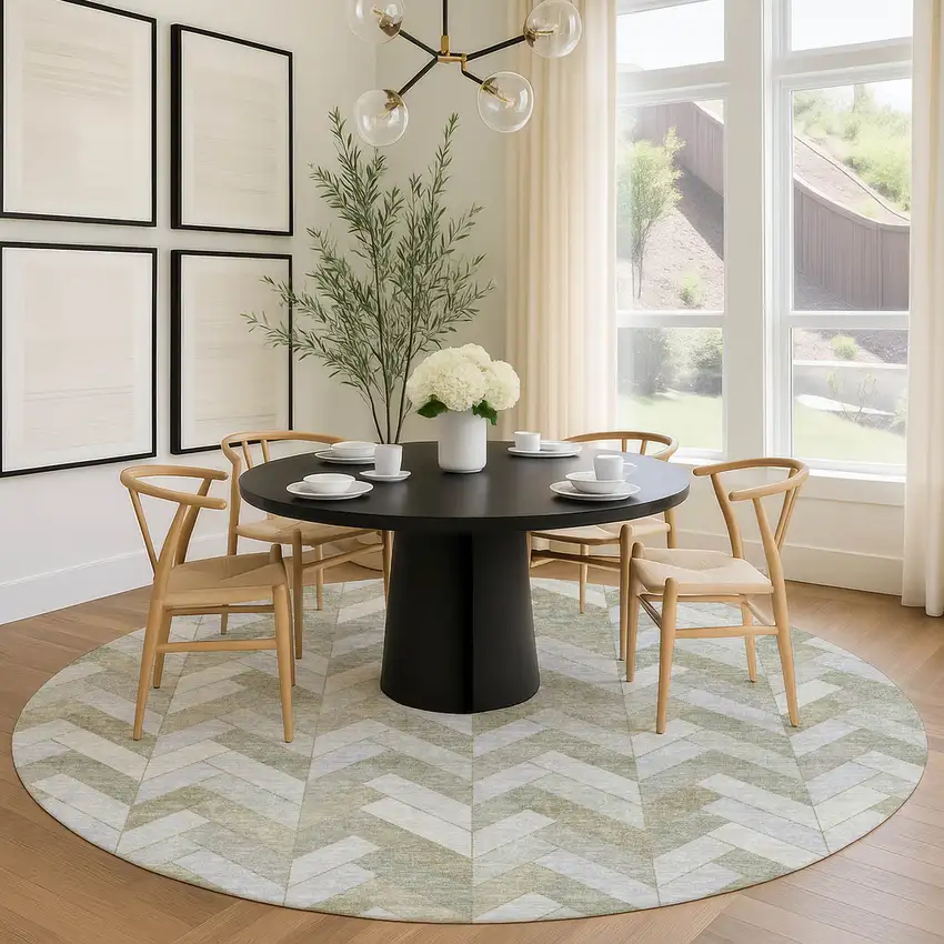 8' Taupe And Beige Round Geometric Washable Indoor Outdoor Area Rug Photo 9