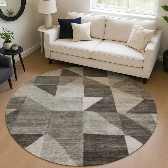 8' Taupe And Beige Round Geometric Washable Indoor Outdoor Area Rug Photo 5