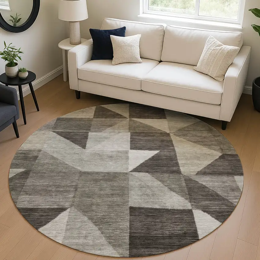 8' Taupe And Beige Round Geometric Washable Indoor Outdoor Area Rug Photo 5
