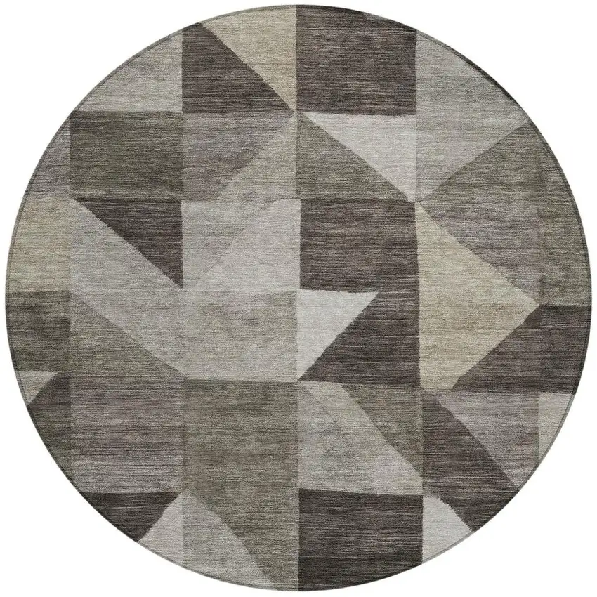 8' Taupe And Beige Round Geometric Washable Indoor Outdoor Area Rug Photo 3