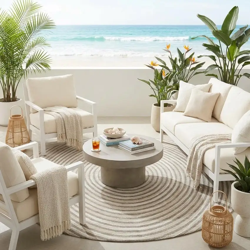 8' Taupe And Beige Round Geometric Washable Indoor Outdoor Area Rug Photo 1